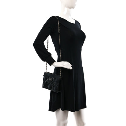 Christian Dior Calfskin Macrocannage Diamond Caro Zipped Pouch With Chain Black 2 of 9