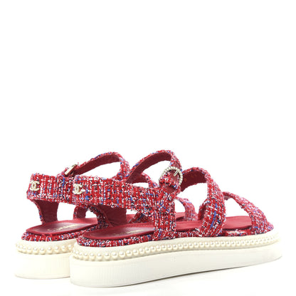 Chanel Tweed Pearl Flat Sandals 36.5 Red 4 of 10