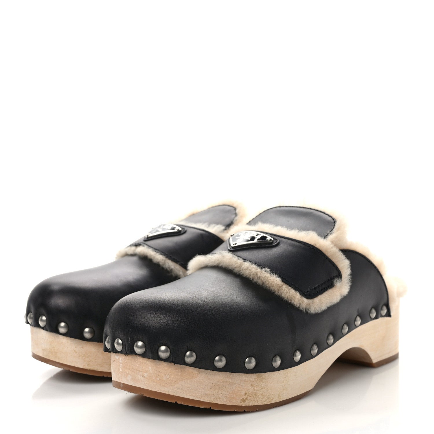 Prada Natural Calfskin Shearling Metal Triangle Logo 45mm Clogs 40 Black Sabbia 3 of 9