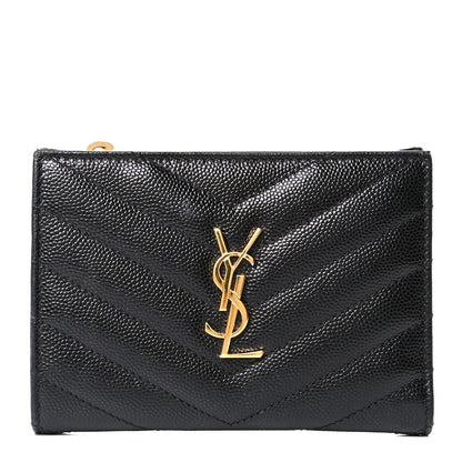 Saint Laurent Grain De Poudre Matelasse Chevron Monogram Zipped Two-Part Wallet Black 1 of 6
