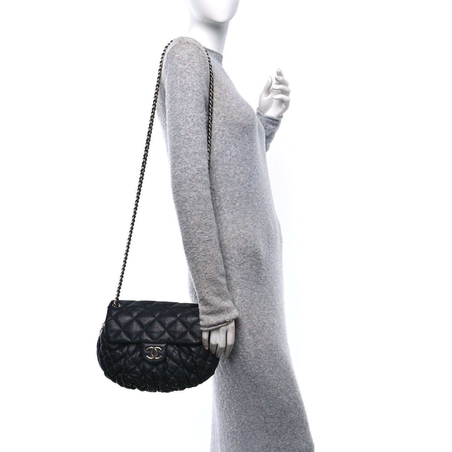 Washed Lambskin Quilted Large Chain Around Flap Black