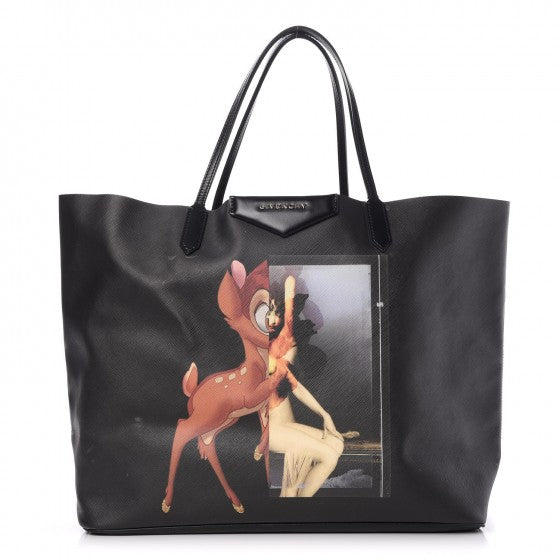 Textured Coated Canvas Bambi Print Large Antigona Tote Black