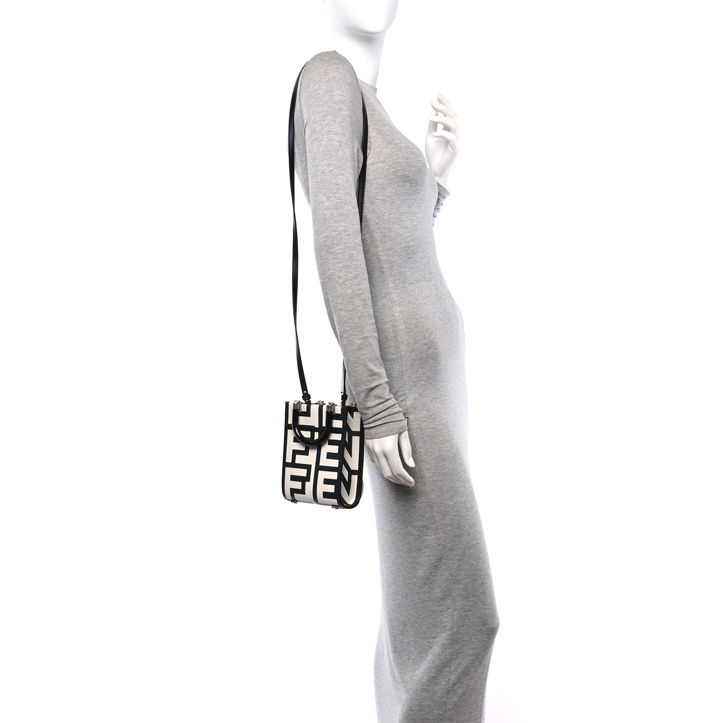 X MARC JACOBS Vitello King Plexiglass Logo Print Mini Fendi Sunshine Shopper Tote Black White