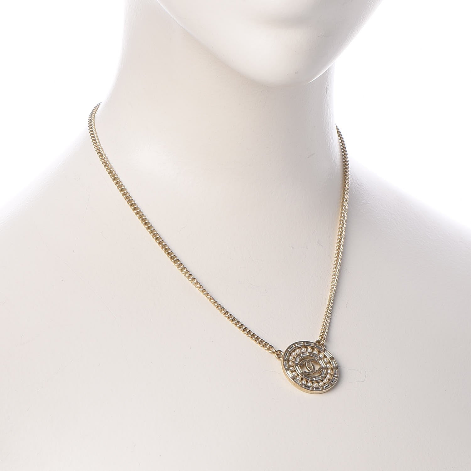 Chanel Crystal Pearl CC Medallion Necklace Light Gold 2 of 5