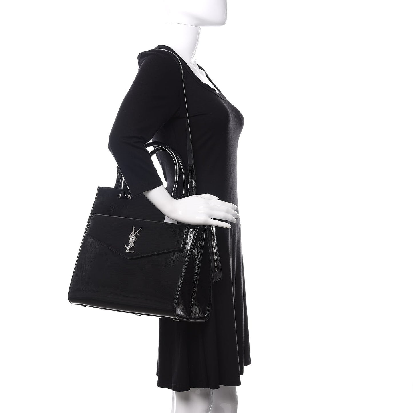 Shiny Calfskin Lizard Embossed Large Uptown Tote Black