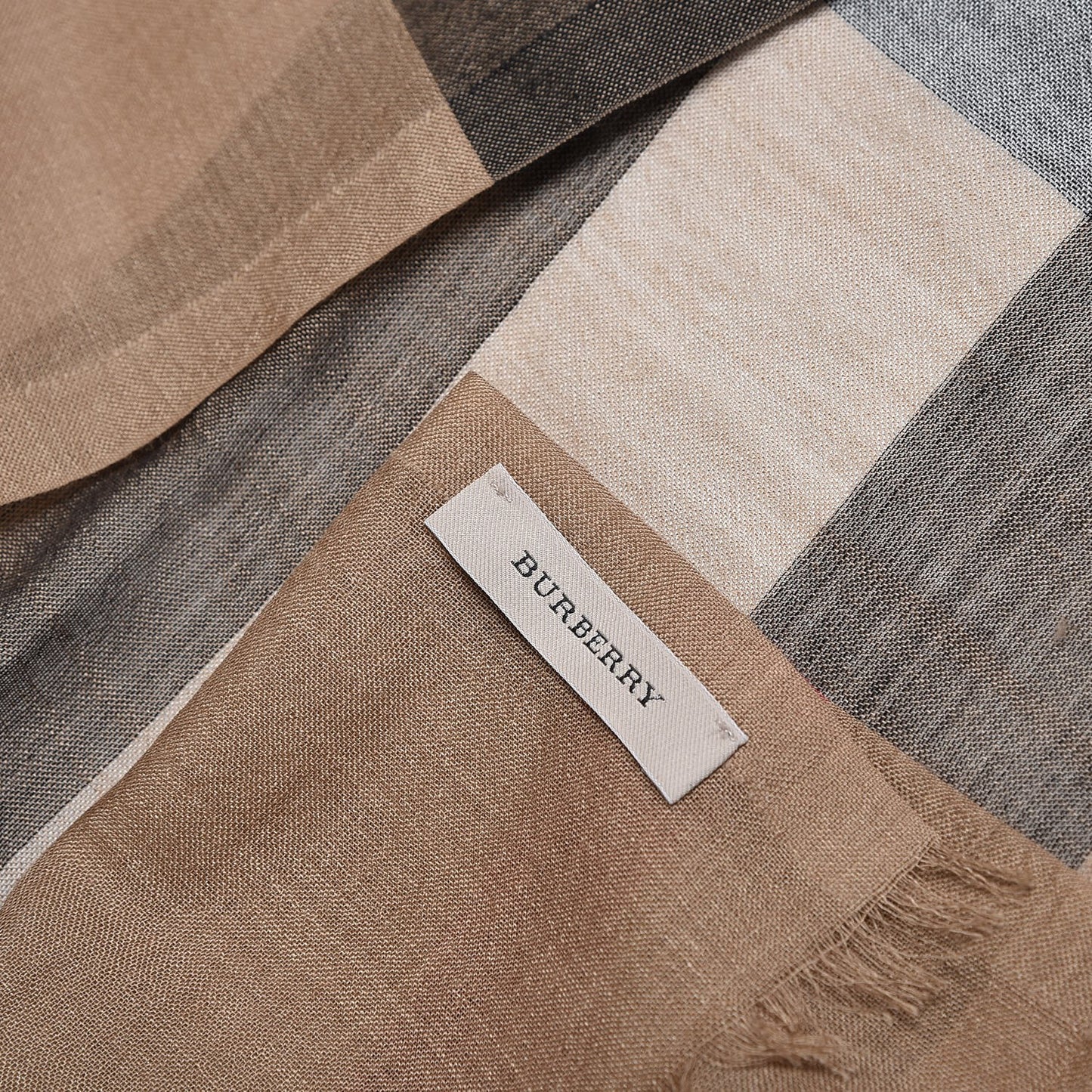 Wool Silk Gauze Half Mega Check Scarf Camel