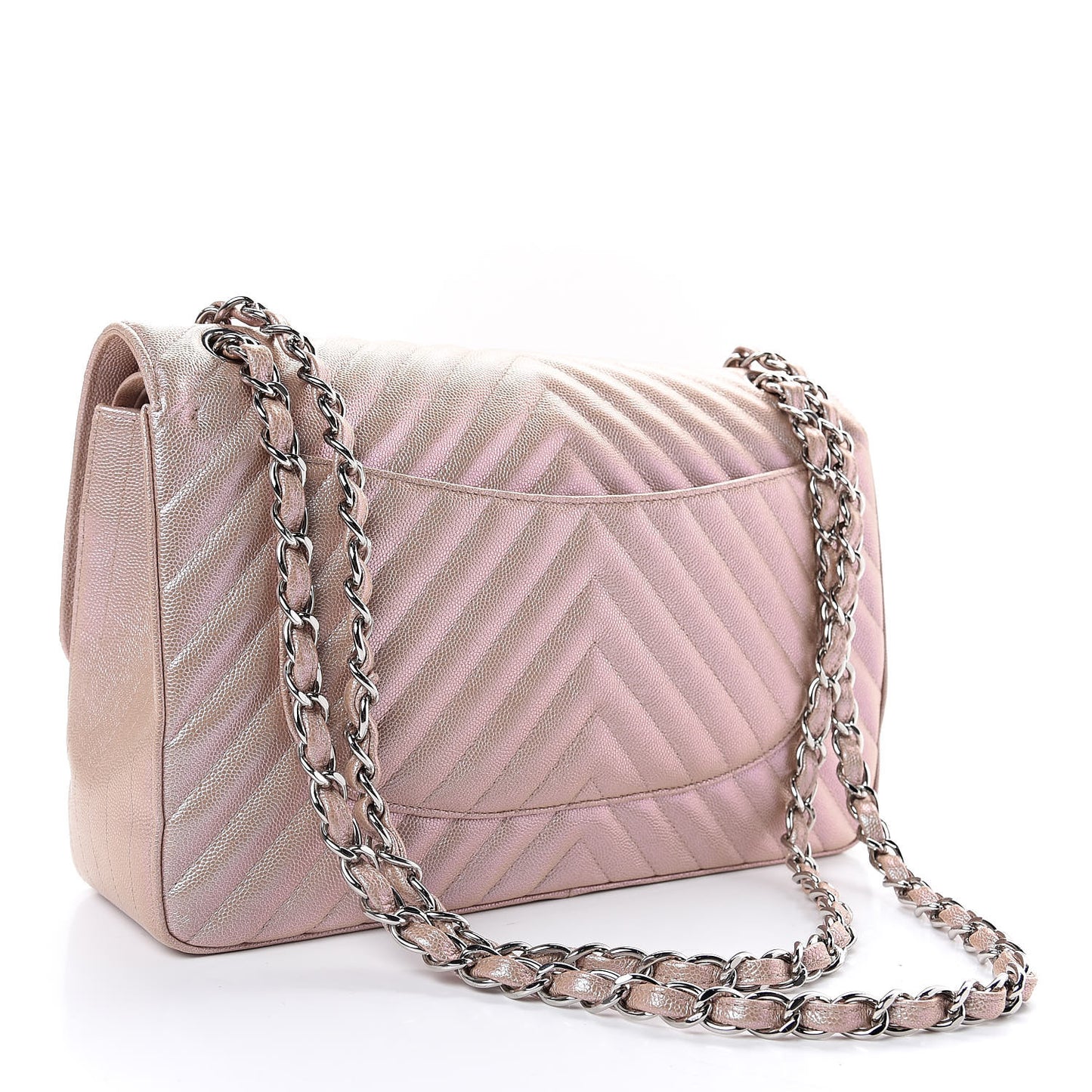 Metallic Caviar Chevron Quilted Jumbo Double Flap Light Gold