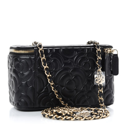 Chanel Lambskin Camellia Embossed Small Vanity Case With Chain Black 3 of 11