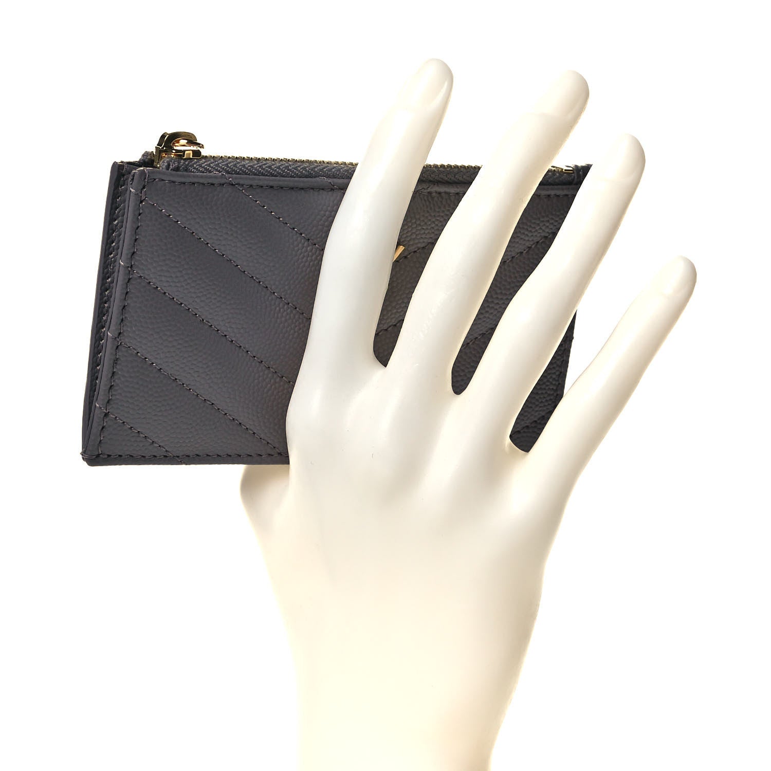 Saint Laurent Grain De Poudre Matelasse Chevron Monogram Fragments Zippered Card Case Fog 2 of 10