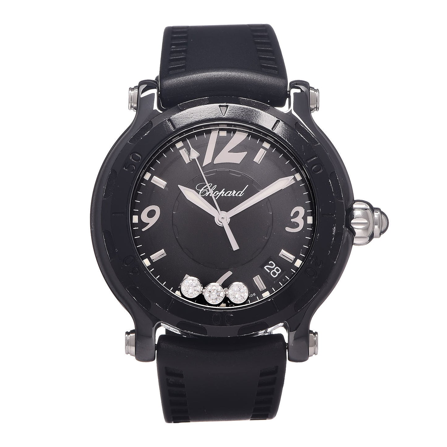 Stainless Steel Ceramic Rubber 3 Diamond 38mm Happy Sport Quartz Watch Black