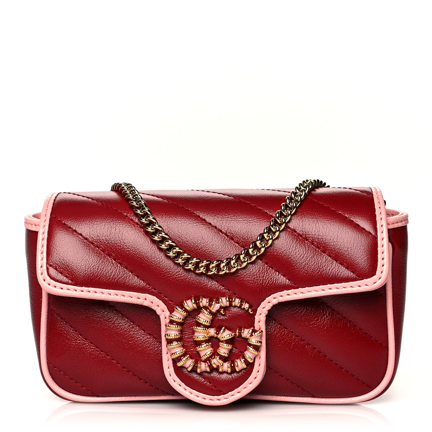 Azalea Calfskin Enamel Matelasse Diagonal Super Mini Torchon GG Marmont Shoulder Bag New Cherry Red Wild Rose