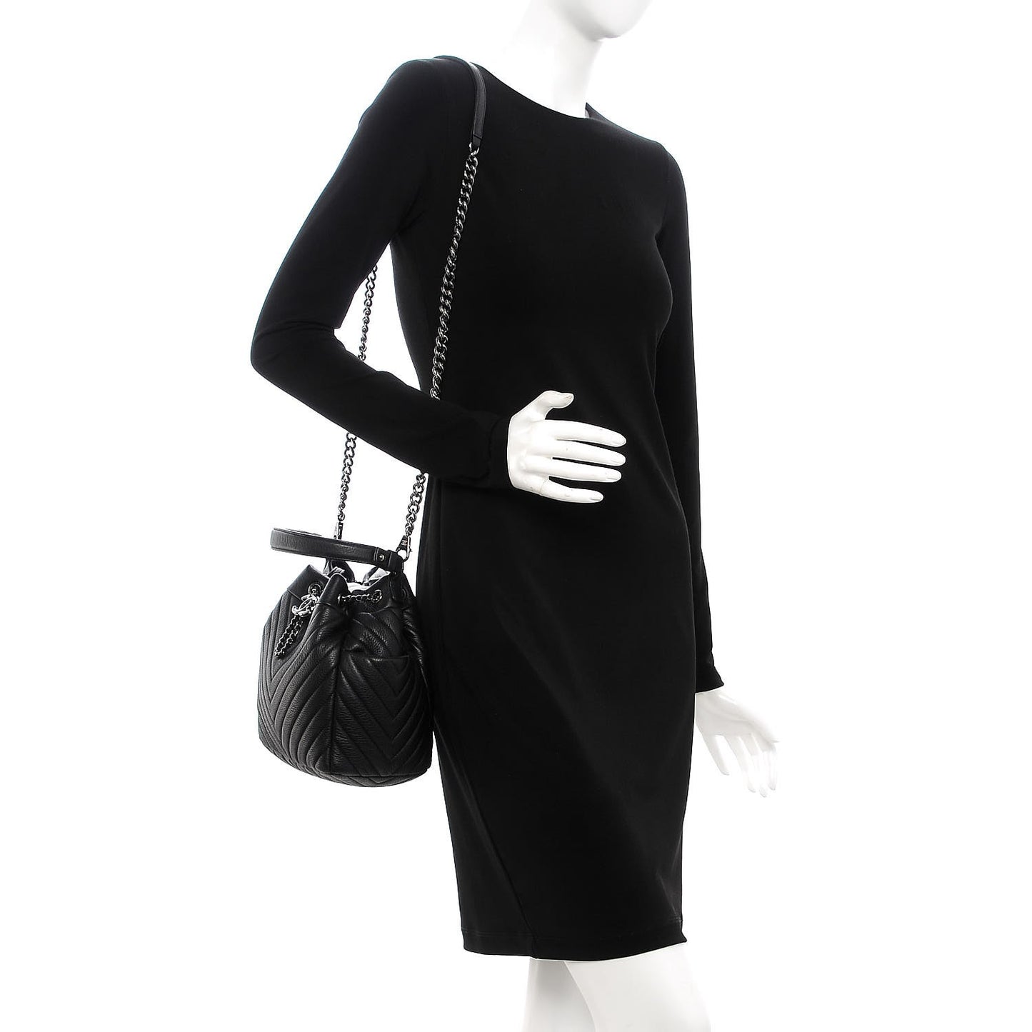 Deerskin Chevron Small CC Chain Bucket Bag Black