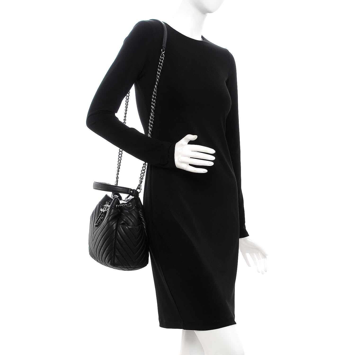 Chanel Deerskin Chevron Small CC Chain Bucket Bag Black 2 of 8