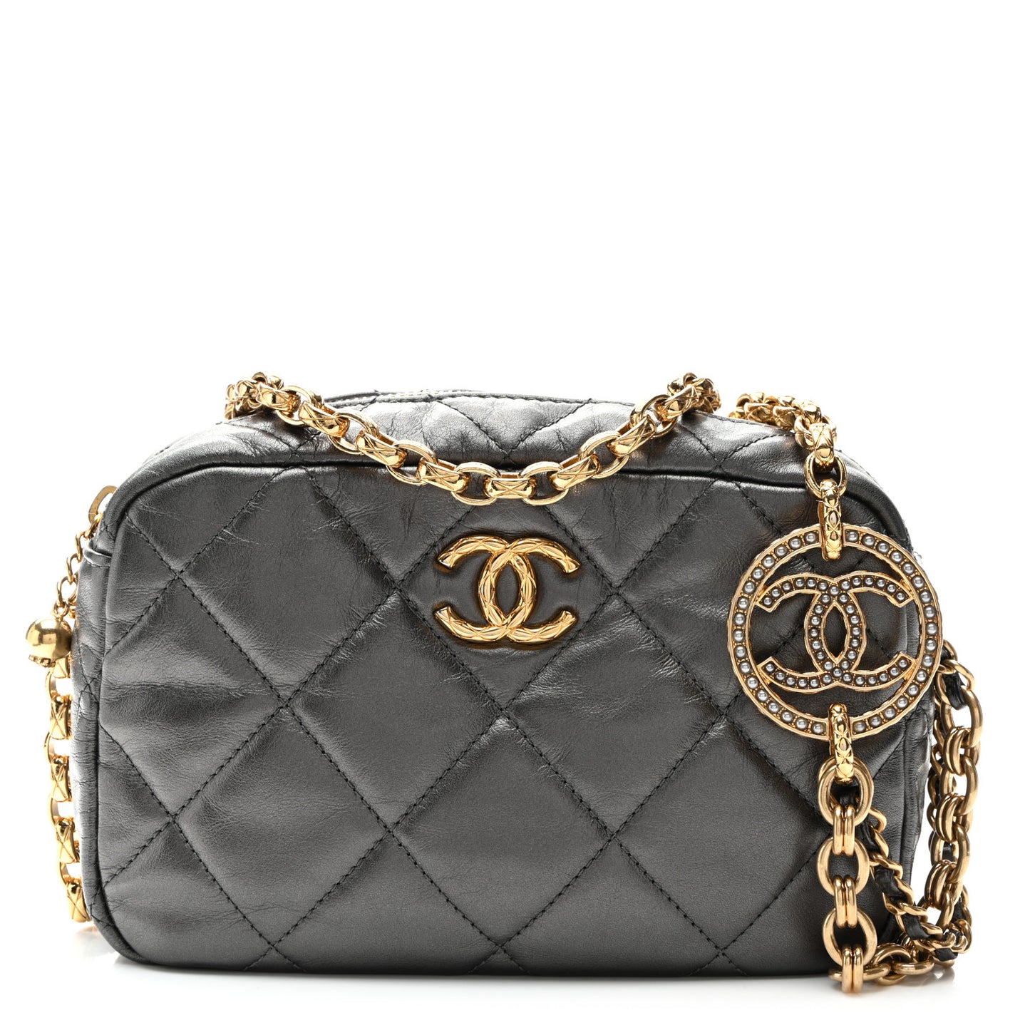 Metallic Calfskin Pearl Quilted CC Mini Camera Case Ruthenium