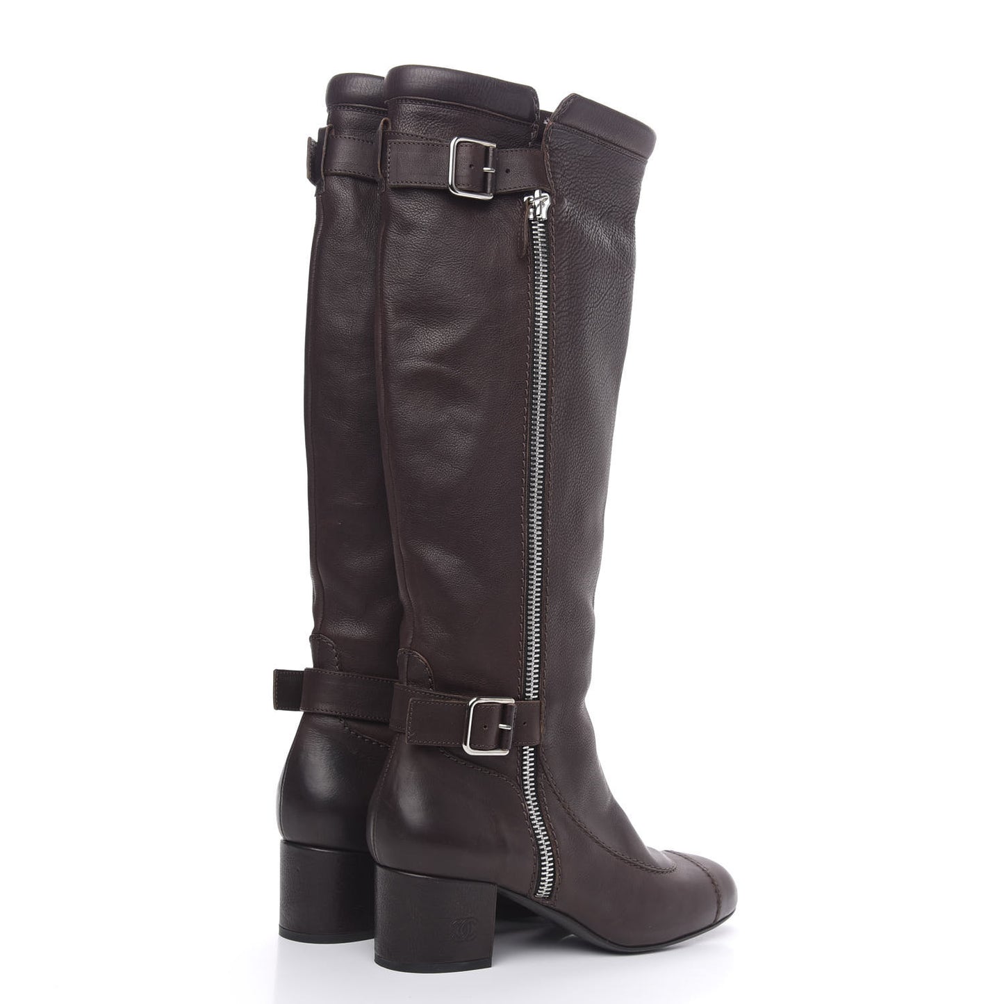 Calfskin Zipper Buckle Knee High Tall Boots 40 Brown