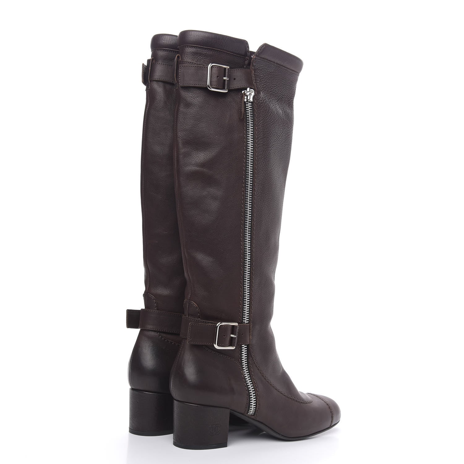 Chanel Calfskin Zipper Buckle Knee High Tall Boots 40 Brown 4 of 9
