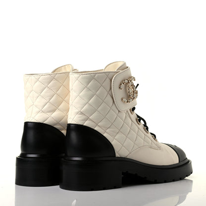 Chanel Shiny Goatskin Calfskin Quilted Lace Up Combat Boots 39 White Black 4 of 14
