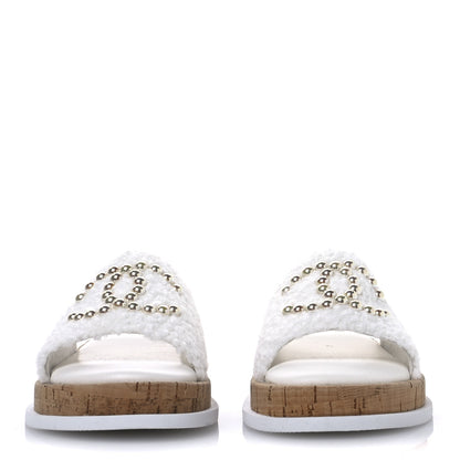 Chanel Fabric Pearl Cork CC Slip On Sandals 38 White 3 of 8