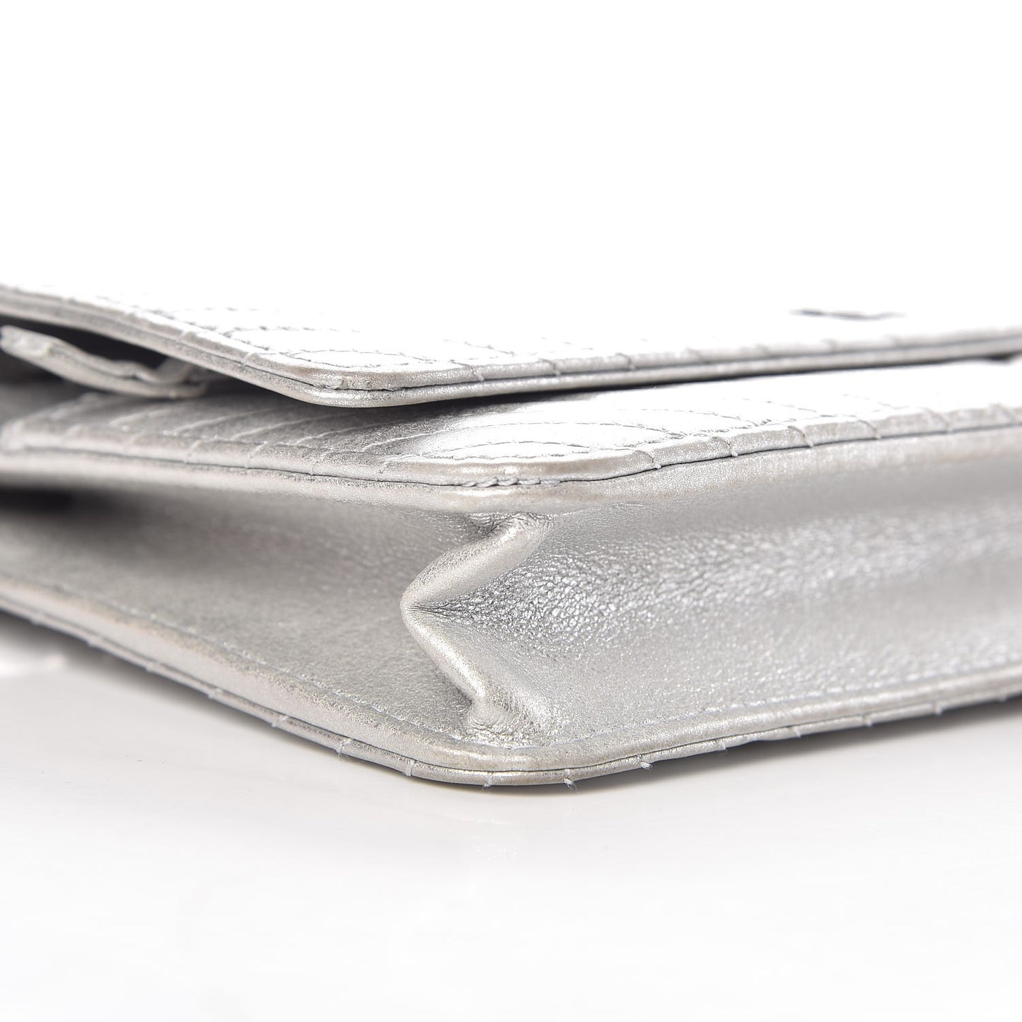 Metallic Lambskin Chevron Wallet On Chain WOC Silver