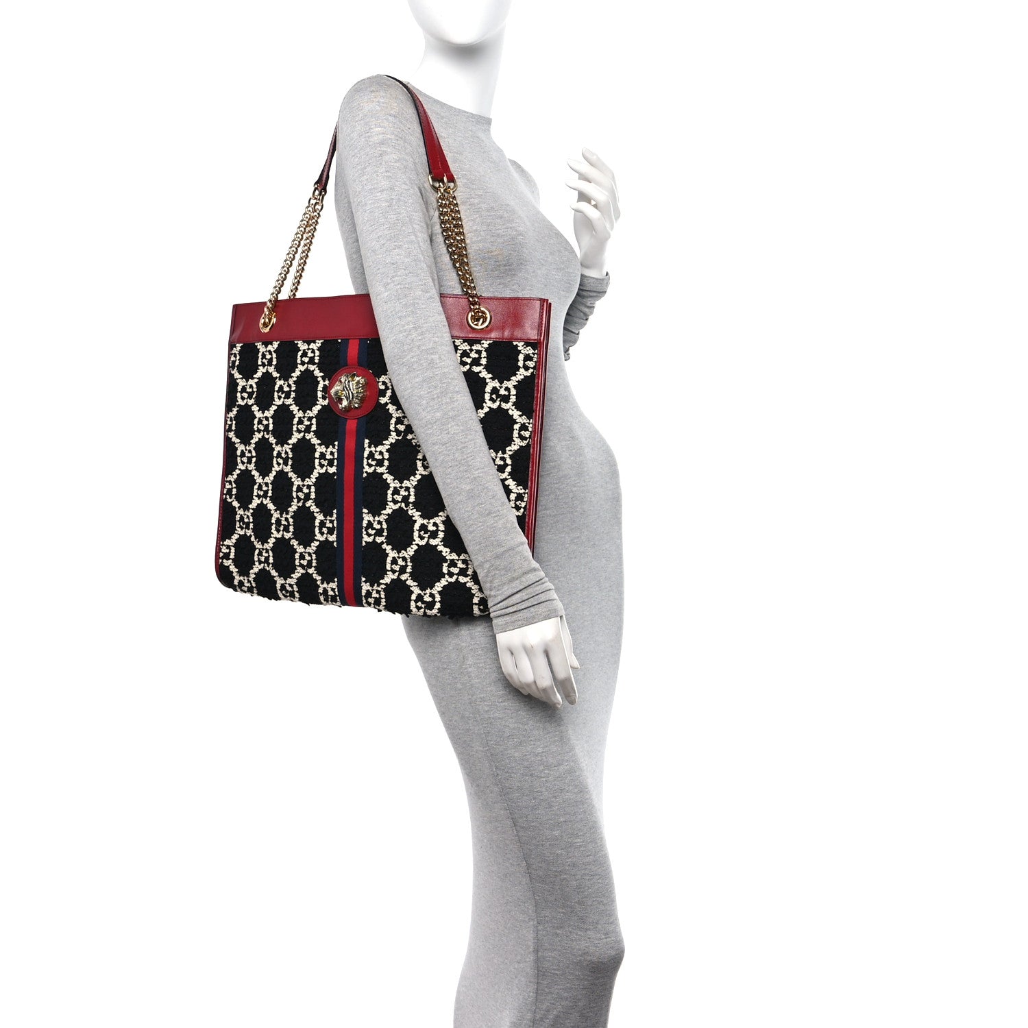 Gucci Tweed GG Monogram Large Rajah Chain Tote Romantic Cherry Black White 2 of 12