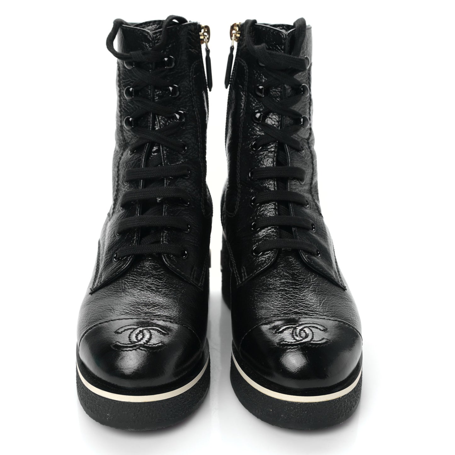 Shiny Crumpled Lambskin Lace Up Combat Boots 36 Black