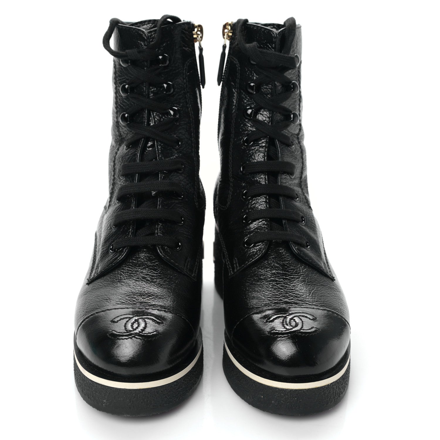 Chanel Shiny Crumpled Lambskin Lace Up Combat Boots 36 Black 2 of 8