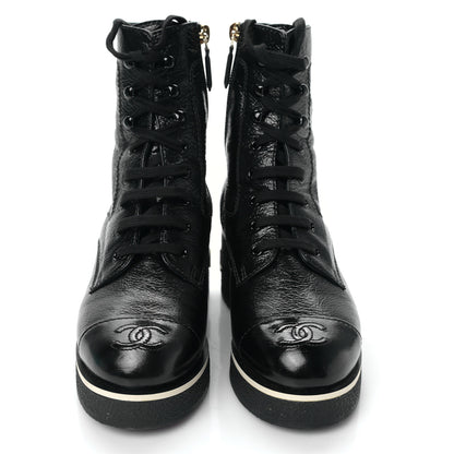 Chanel Shiny Crumpled Lambskin Lace Up Combat Boots 36 Black 2 of 8