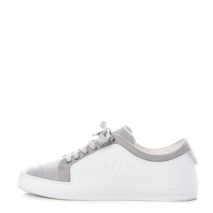 Chanel Calfskin Velvet Womens CC Sneakers 40.5 White Silver 1 of 13