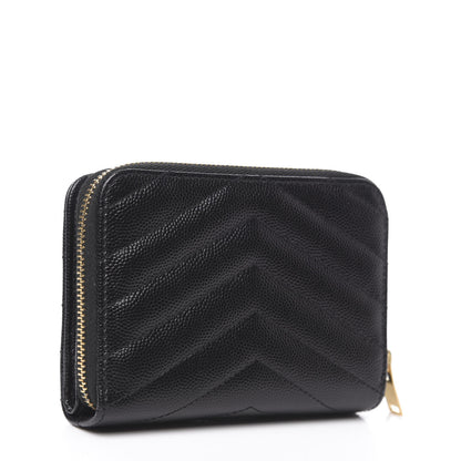Saint Laurent Grain De Poudre Matelasse Chevron Monogram Compact Zip Around Wallet Black 3 of 8