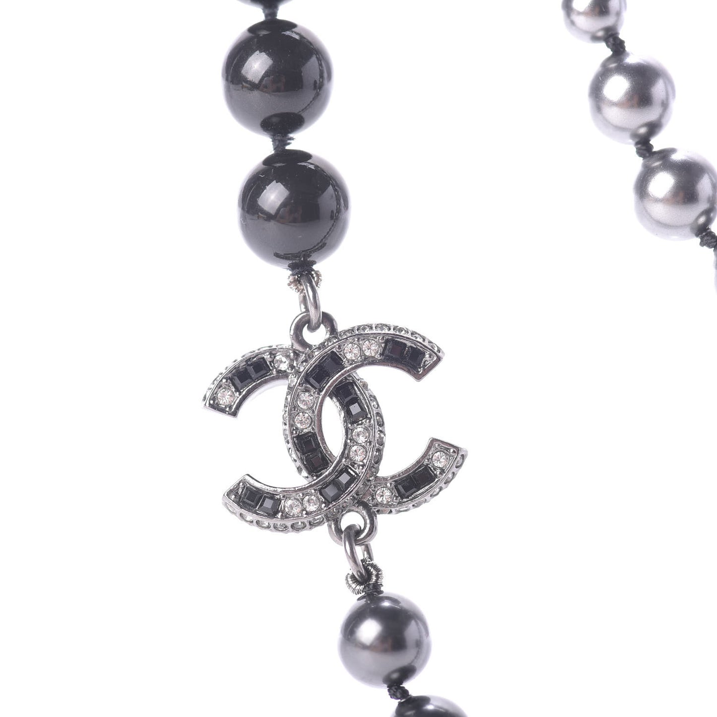 Ruthenium Crystal Baguette Pearl Beaded CC Long Necklace Black Grey