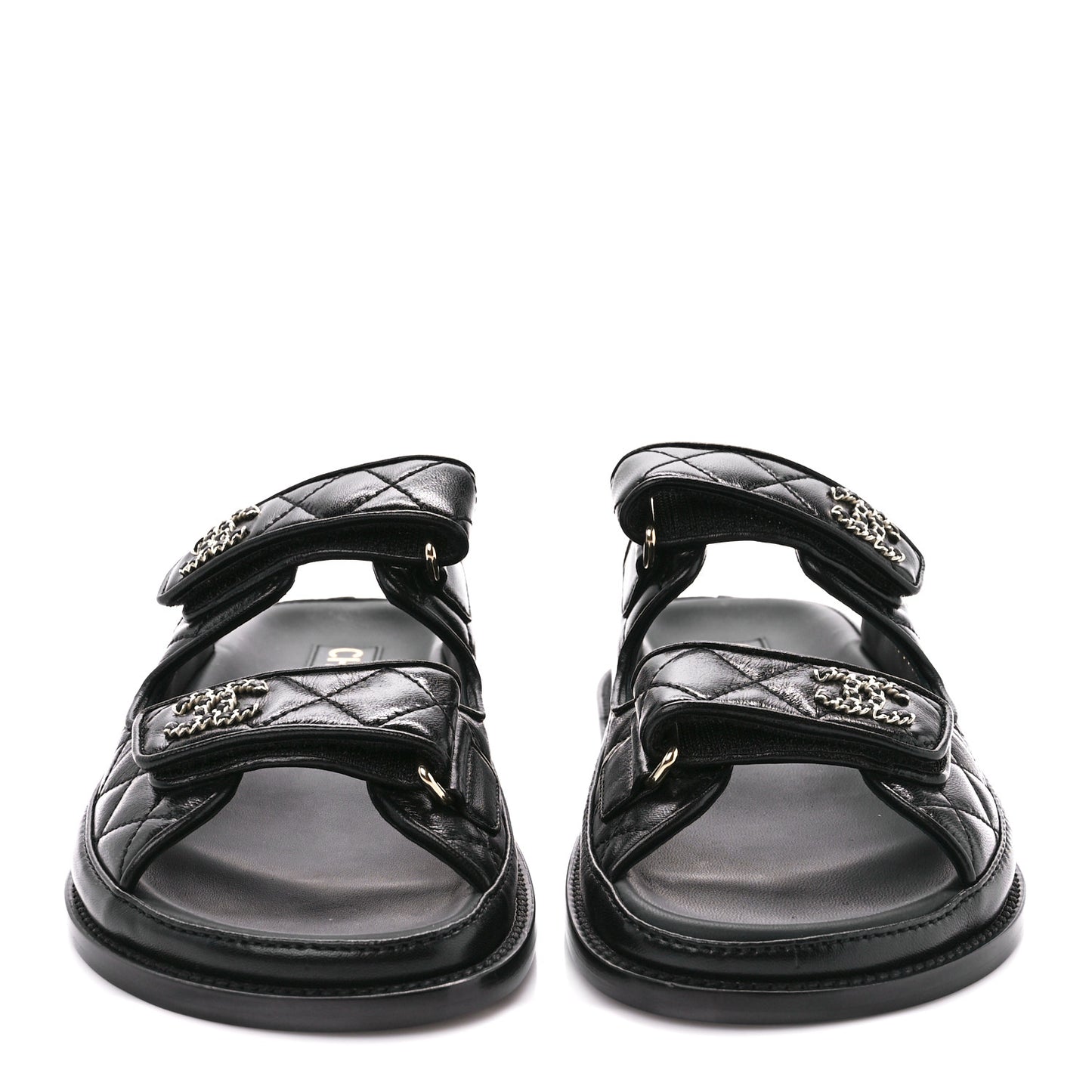 Lambskin Quilted Velcro Dad Chain CC Slide Sandals 37 Black
