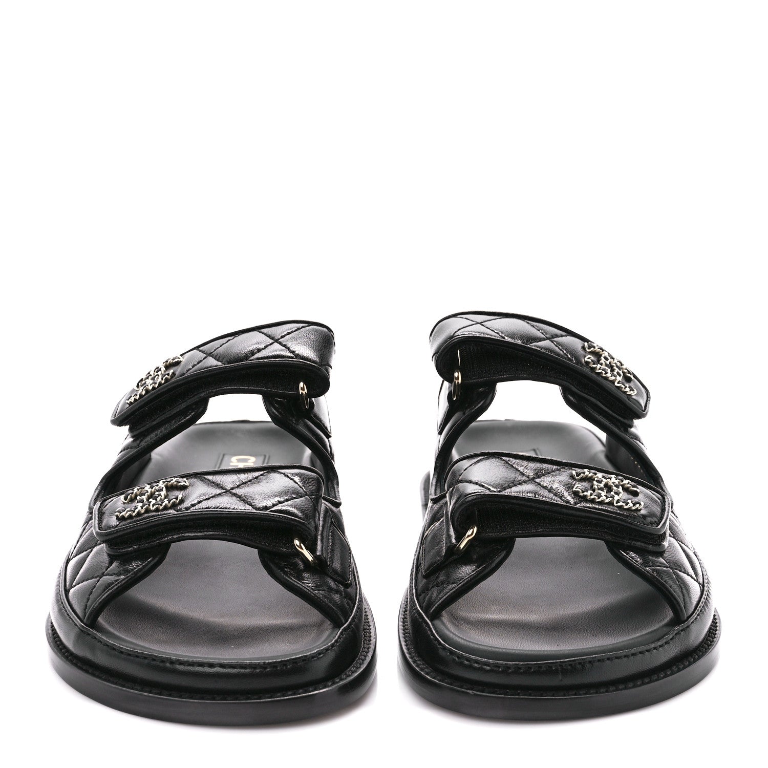 Chanel Lambskin Quilted Velcro Dad Chain CC Slide Sandals 37 Black 2 of 9