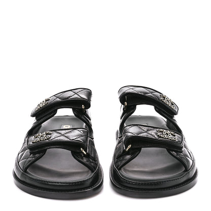 Chanel Lambskin Quilted Velcro Dad Chain CC Slide Sandals 37 Black 2 of 9