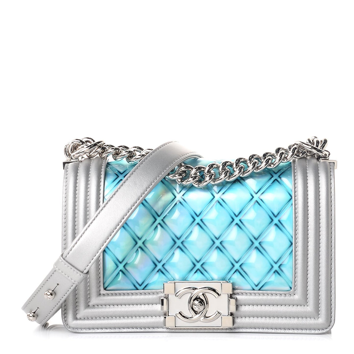 Metallic Lambskin PVC Quilted Small Boy Flap Blue