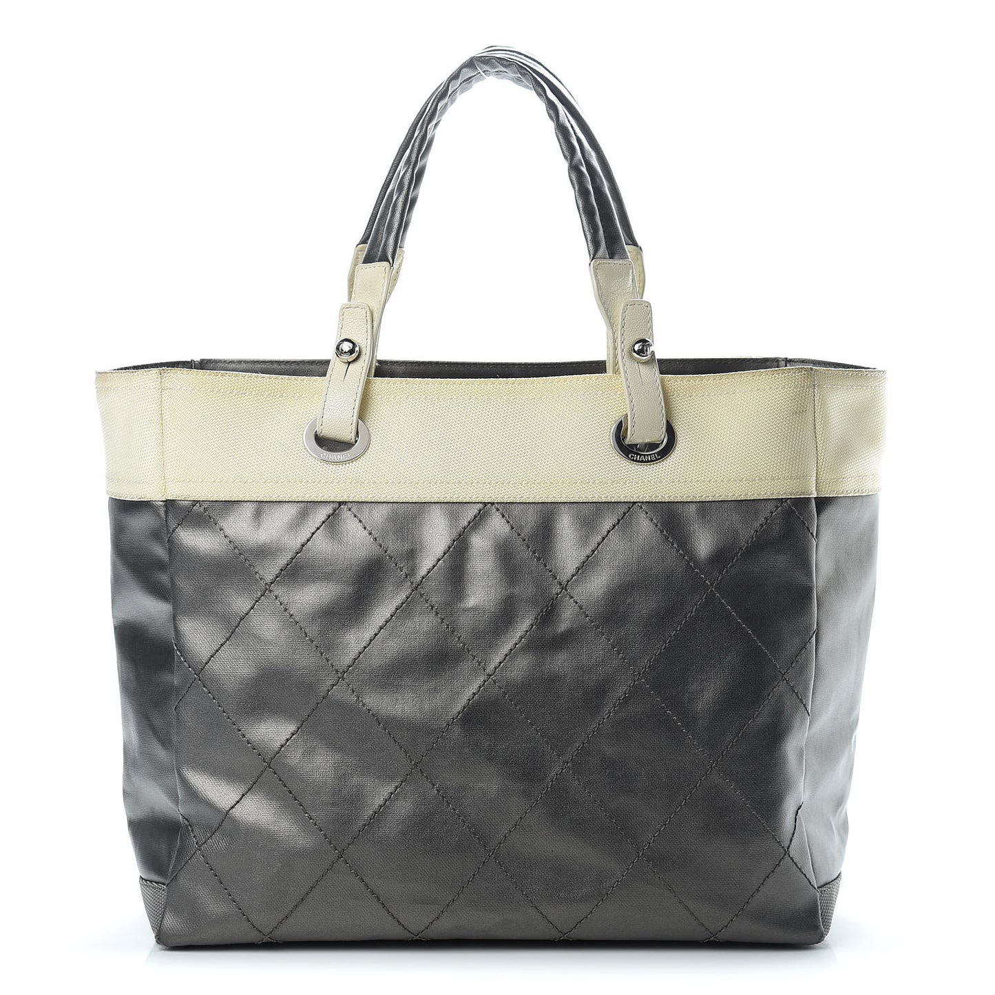 Coated Canvas Quilted Large Paris Biarritz Tote Silver