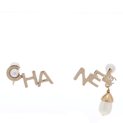 Chanel Metal Pearl Logo Drop Earrings Gold 1 of 4