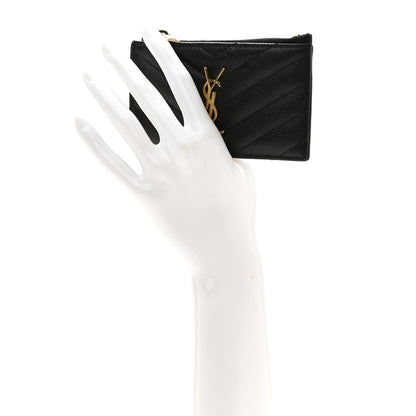Saint Laurent Grain De Poudre Matelasse Chevron Monogram Fragments Zippered Card Case Black 2 of 8