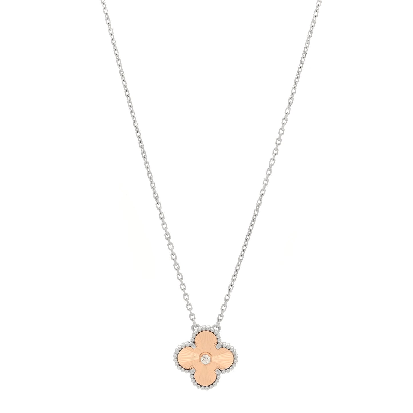 18K White Rose Gold Diamond Guilloche Vintage Alhambra Pendant Necklace