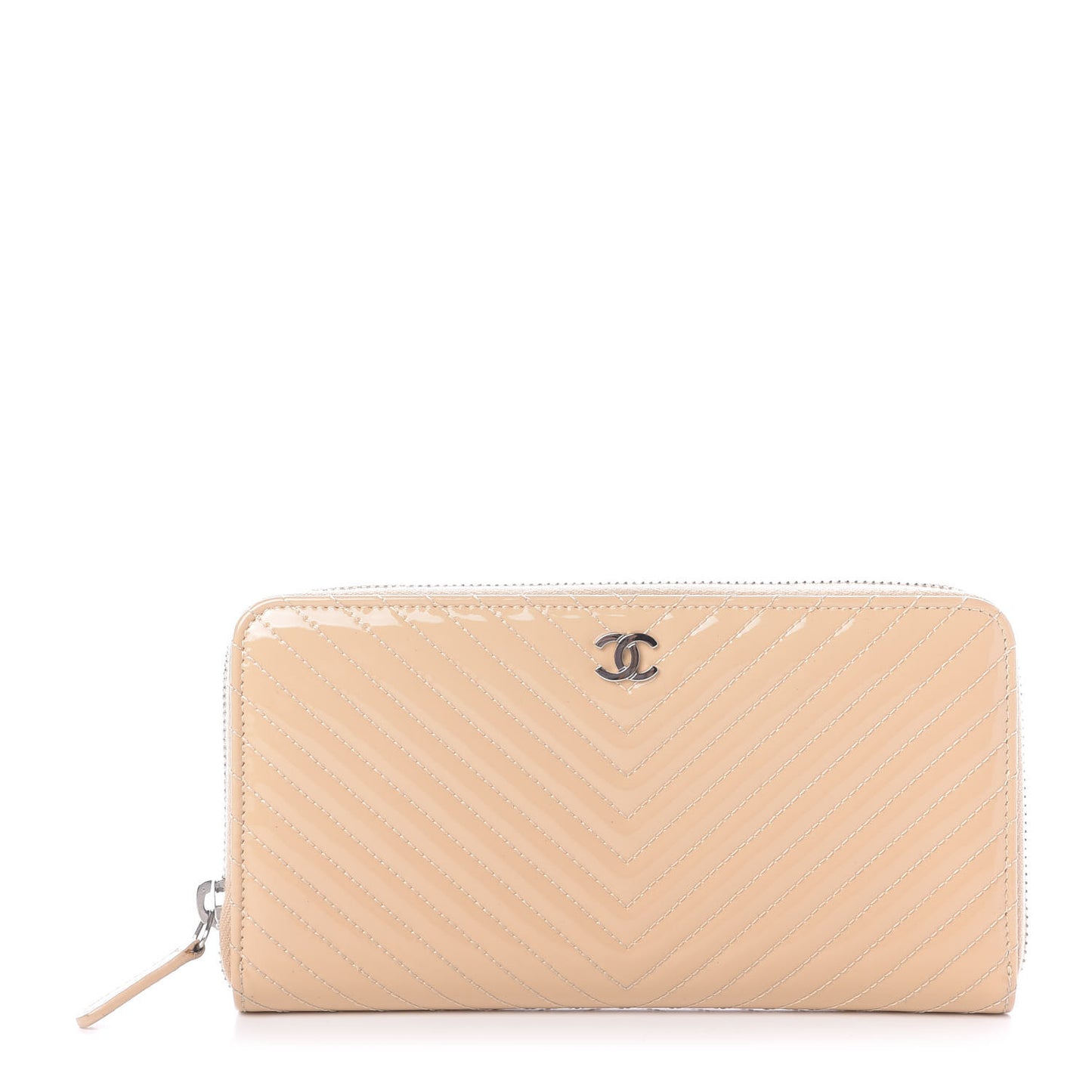 Patent Chevron Quilted Zip Around Wallet Beige