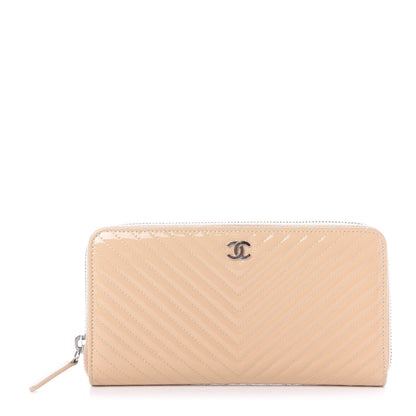 Chanel Patent Chevron Quilted Zip Around Wallet Beige 1 of 11