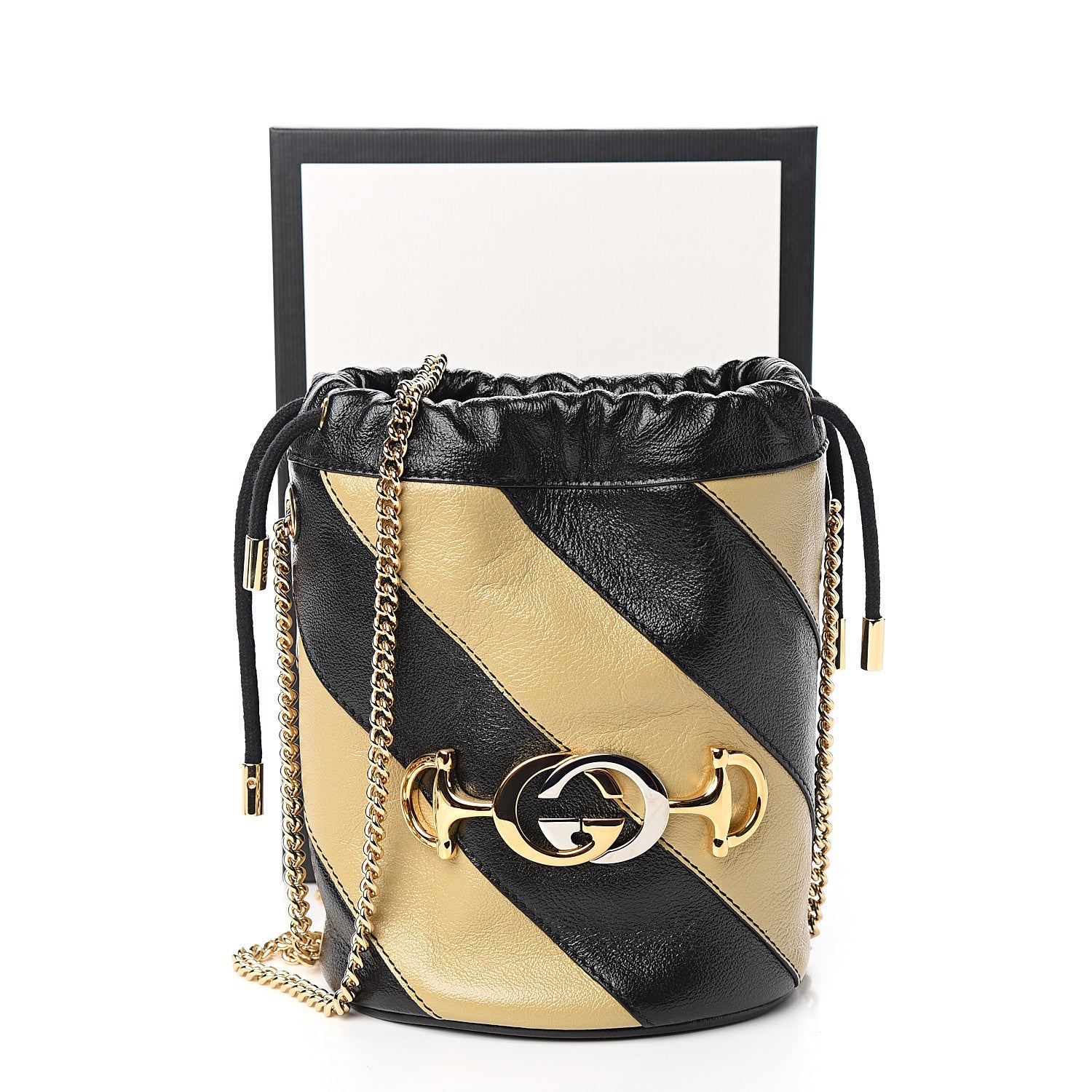 Gucci Calfskin Diagonal Striped Mini Zumi Bucket Bag Black Beige 9 of 9