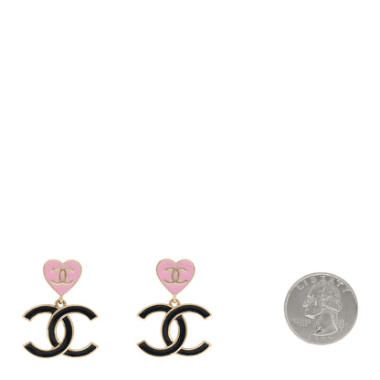 Chanel Metal Enamel CC Heart Drop Earrings Gold Black Pink 2 of 5