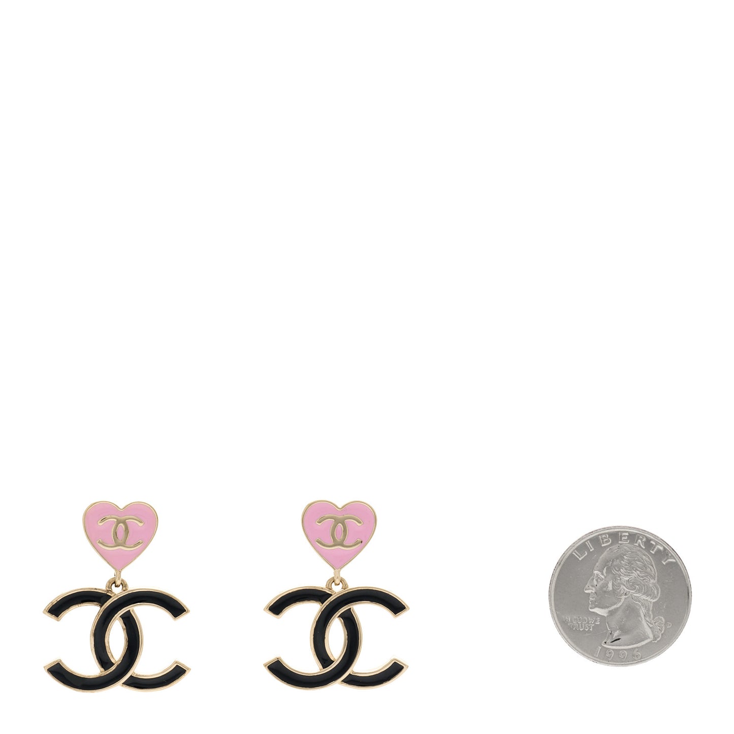 Metal Enamel CC Heart Drop Earrings Gold Black Pink