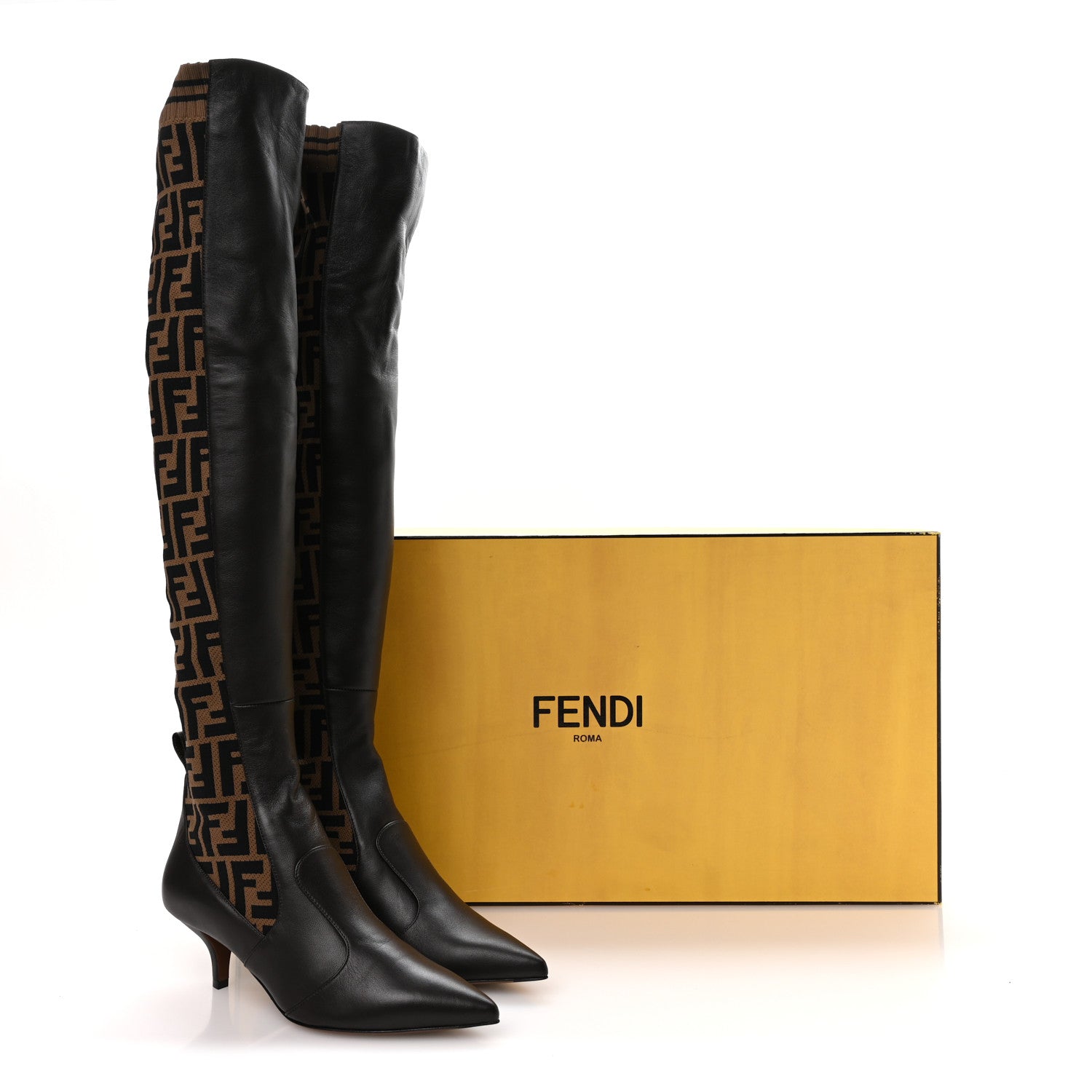 Fendi Nappa Microfiber Fabric FF Rockoko Thigh High Boots 37 Ebano