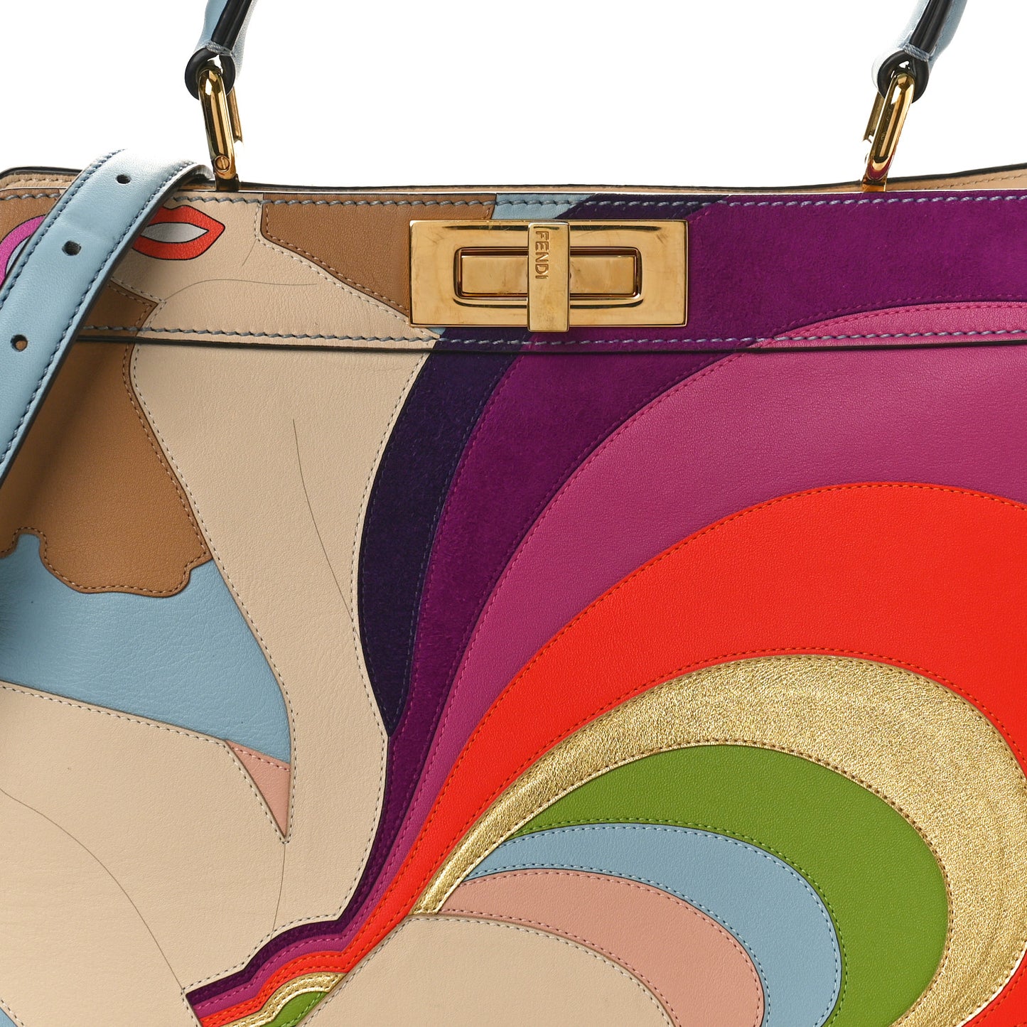Vitello Seta Nappa Bi-Color Rainbow Girl Inlay Medium Peekaboo I SEE U Satchel Azzurro Baby Multicolor