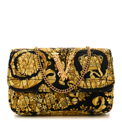 Versace Silk Barocco Printed Quilted Virtus V Mini Chain Flap Shoulder Bag Black Gold 1 of 11
