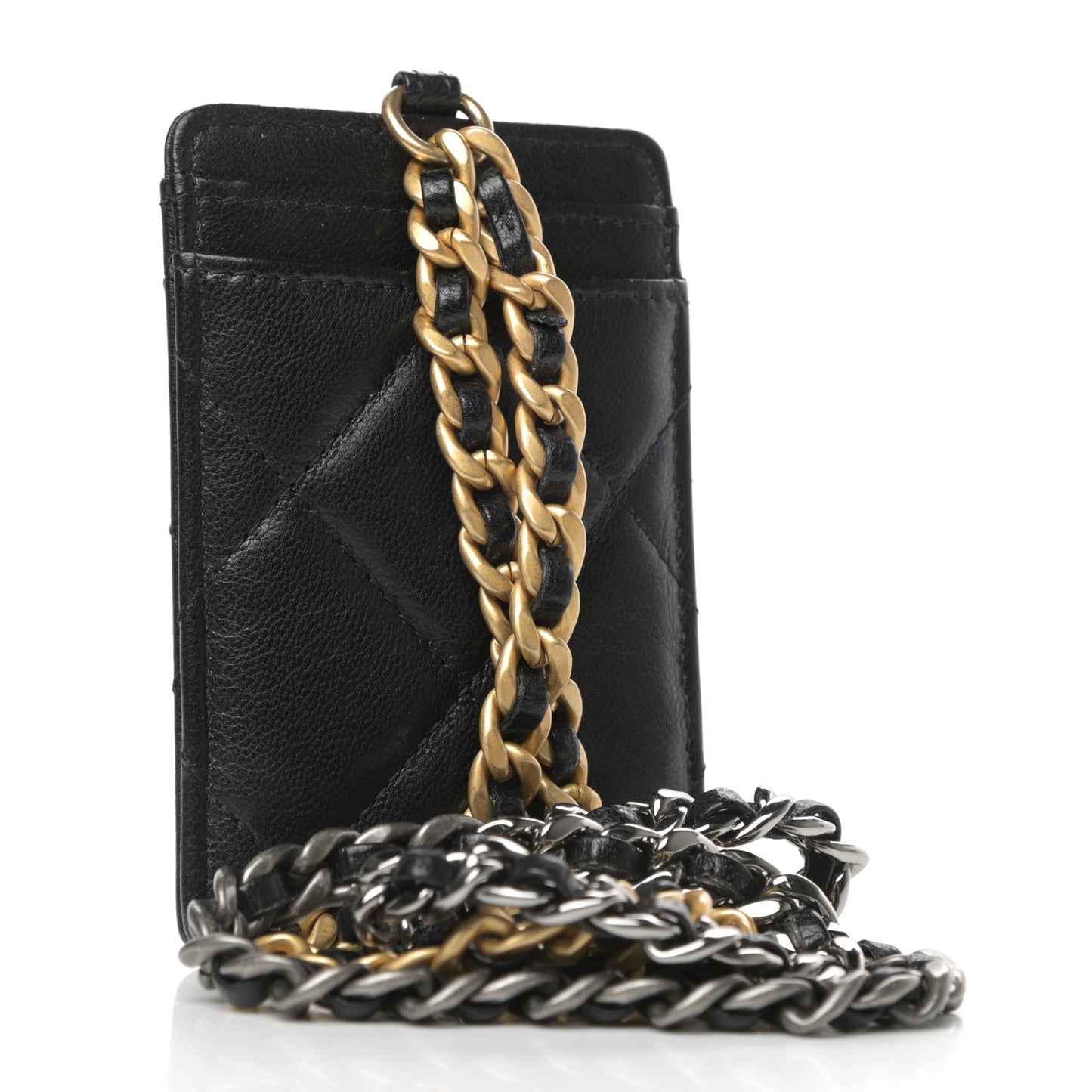 Goatskin Quilted Chanel 19 Card Holder On Chain Black