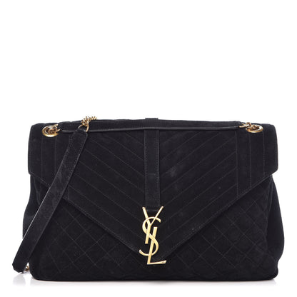 Saint Laurent Suede Mixed Matelasse Triquilt Large Monogram Envelope Satchel Black 1 of 19