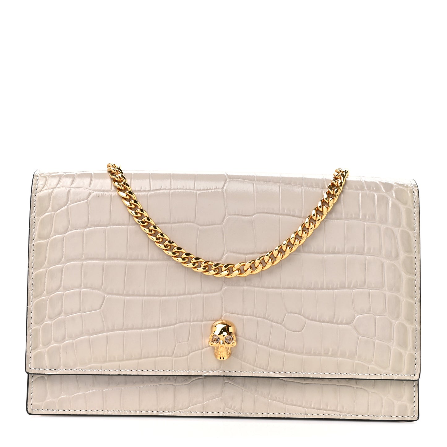 Calfskin Crocodile Embossed Skull Medium Shoulder Bag Grey