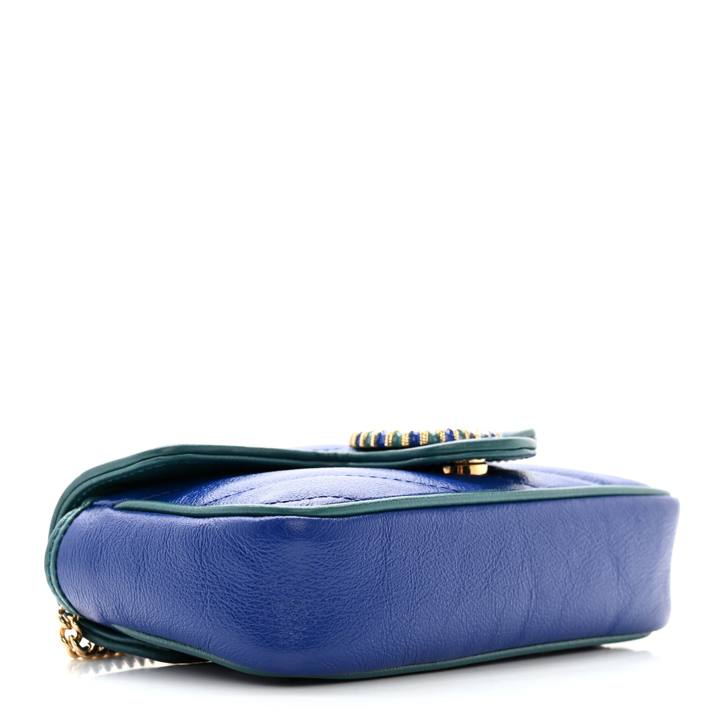 Azalea Calfskin Enamel Matelasse Diagonal Super Mini Torchon GG Marmont Shoulder Bag Imperial Blue Pavone
